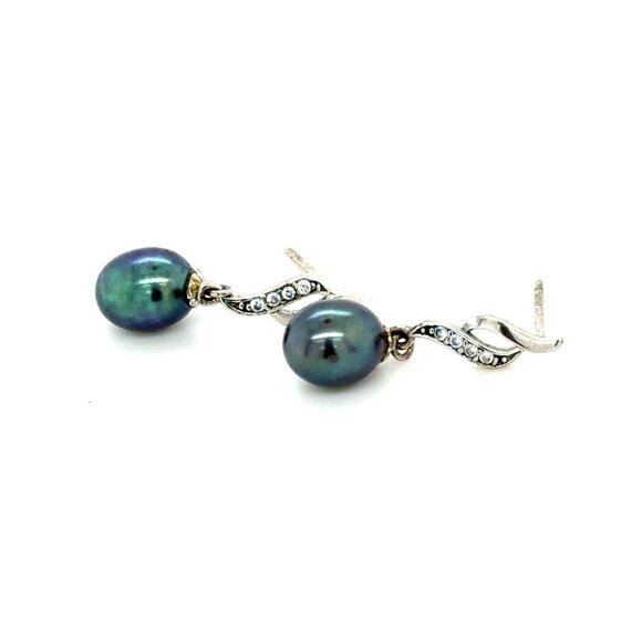 Black Pearl / Cz 925 Silver Earrings - Picture 1 of 7